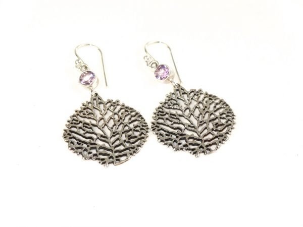 Silver and Amethyst Net Drop Leaf Earrings